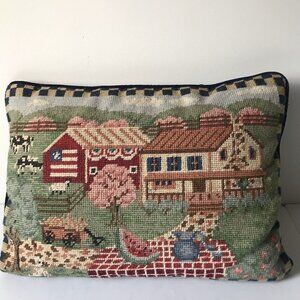 Americana farm village art needlepoint throw sofa pillow cows sheep 11”x 16”